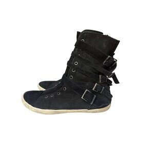 Side Walk Womens Black Leather High Top Strap Buckle Boots Size 7.5